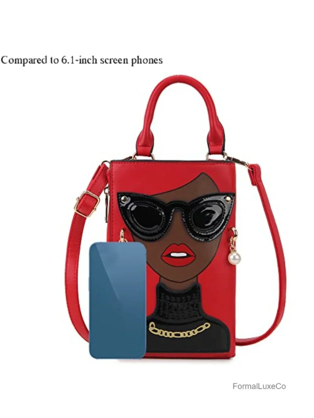 Novelty Lady Face Satchel Handbag Faux Leather Top Handle Purse with Chain